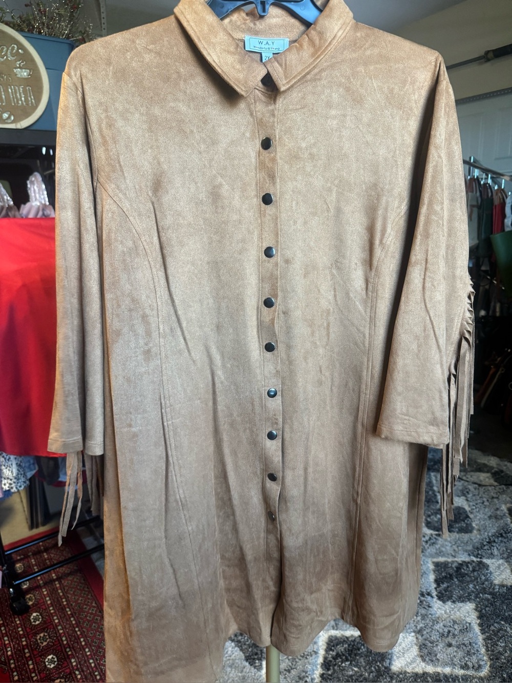 Tan Faux Suede Button-Front Fringe Top